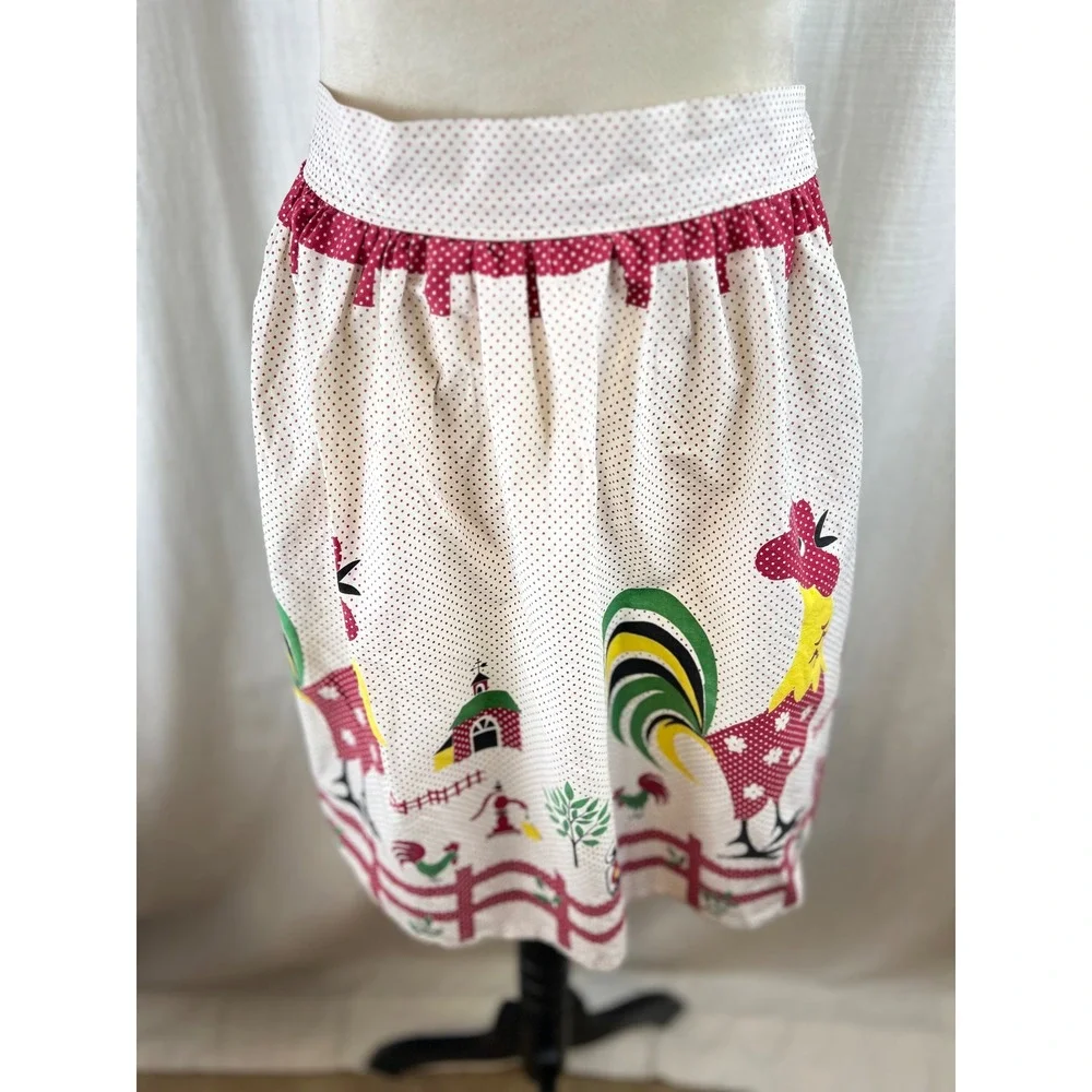 Vintage Rooster Farm Novelty Print Half Apron Red Polka Dot Country Kitchen